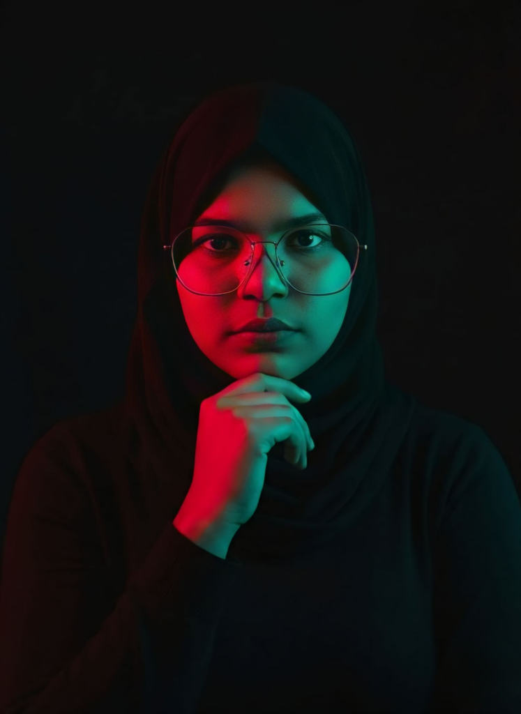 Freelance digital marketer portrait with red and teal lighting.